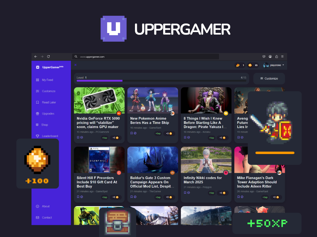 UpperGamer is a gamified gaming news manager and RSS aggregator built for gamers. Collect gold, level up, and conquer the gaming world - all while sta